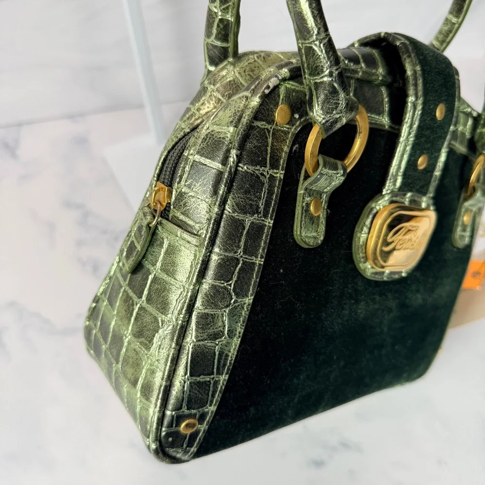 Vintage Fetish by Eve Y2K Metallic Croc Embossed Velvet Satchel Bag Green NWT